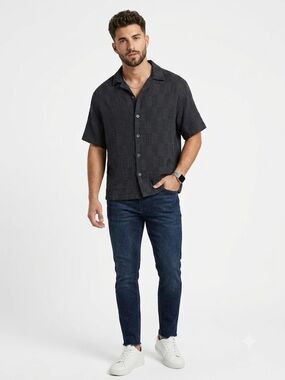 No Boundaries Men's Check Gauze Shirt With Short Sleeves Grey Shadow Color